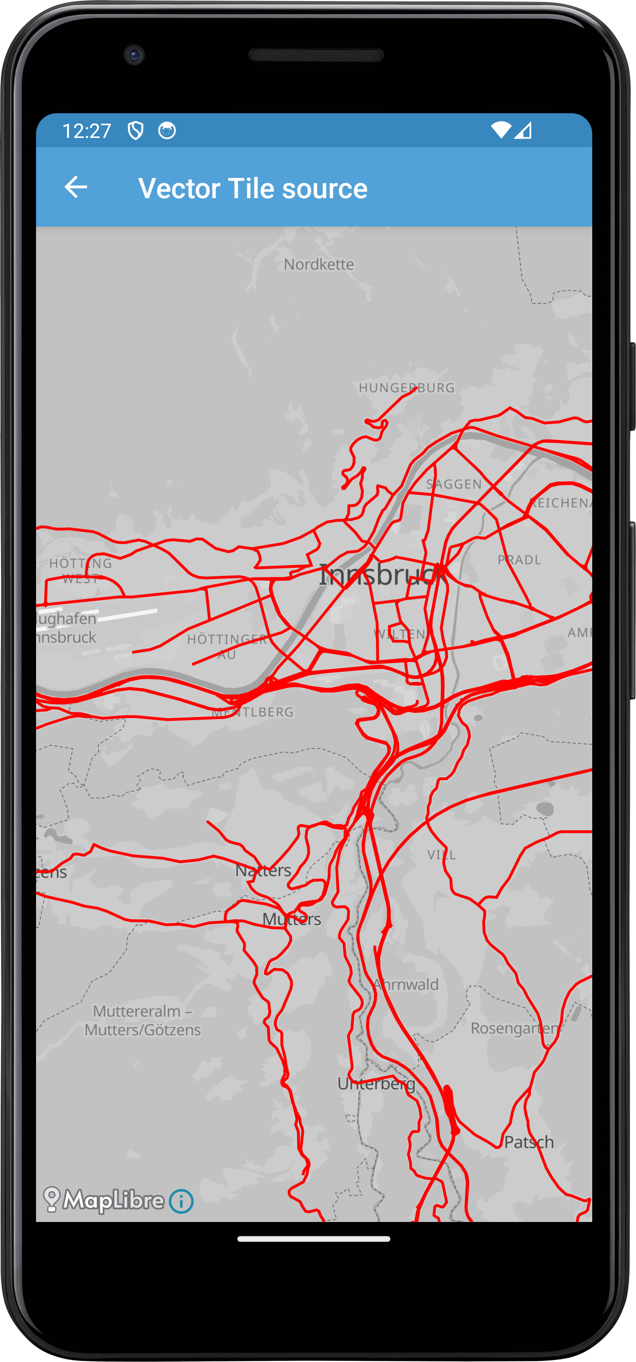 Screenshot of road overlay from vector tile source