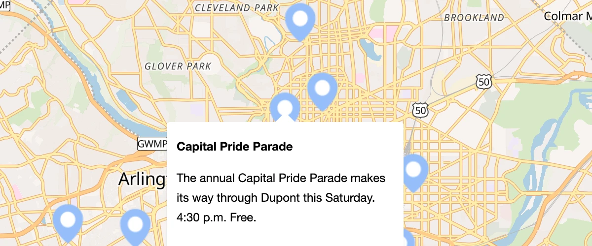 When a user hovers over a custom marker, show a popup containing more information.