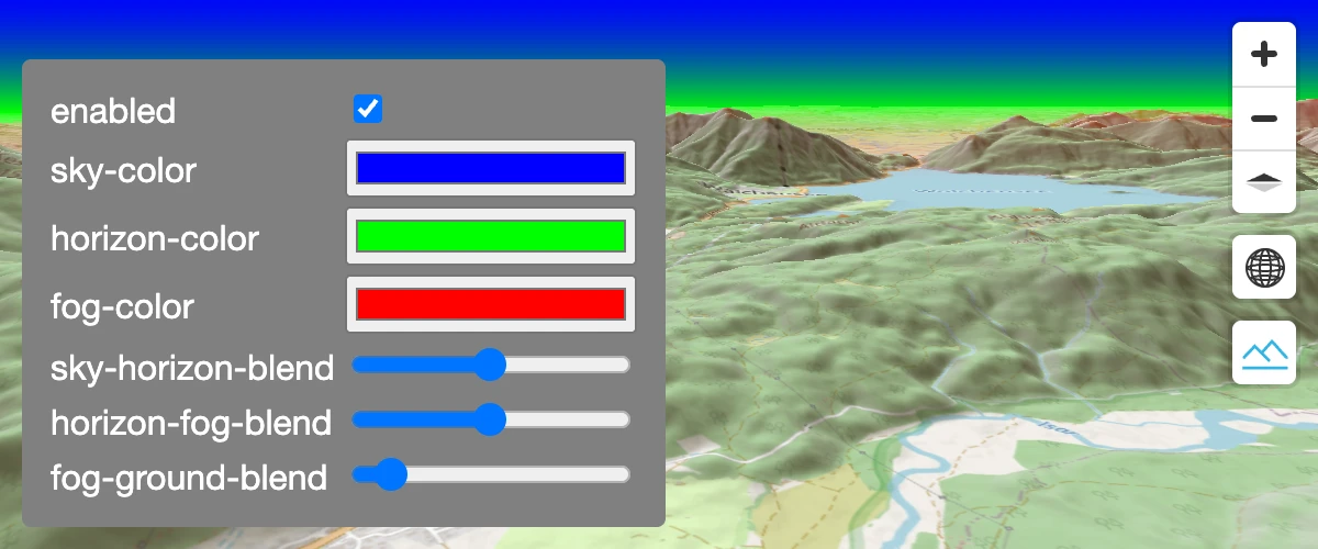 Allows changing the sky, fog and horizon color and blends.